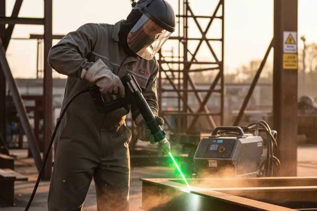 What should be noted when using a laser cleaning machine outdoors