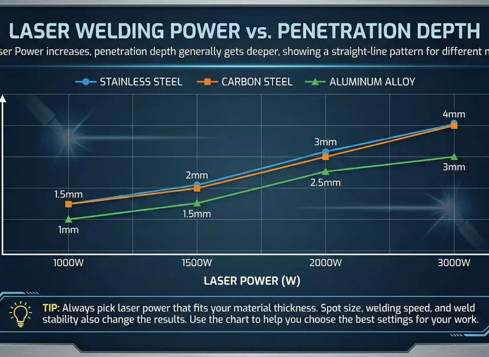 Laser Welding Power vs Penetration Depth 1000W–3000W Chart