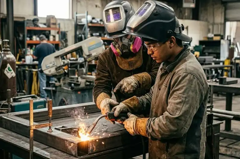 The welder is giving practical training to the trainees