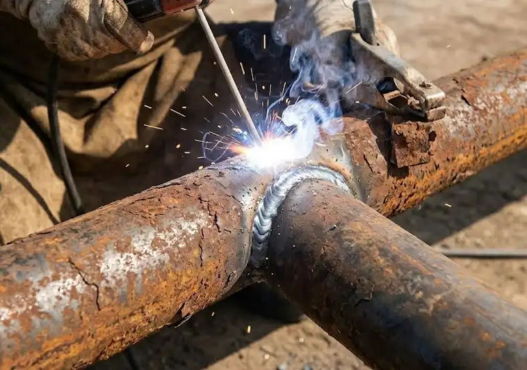 Fillet weld on a rusty bracket