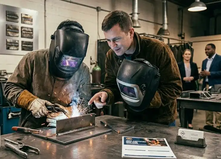 Welders conduct welding tests in front of their employers
