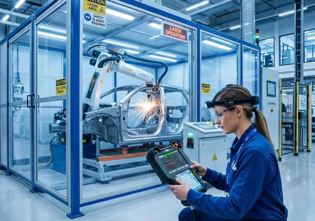 A modern robotic laser welding cell in a clean, high-tech manufacturing environment. A technician in the foreground is programming the system using an industrial teach pendant, with a highly advanced laser welding machine operating safely in the background, cool blue and white lighting.