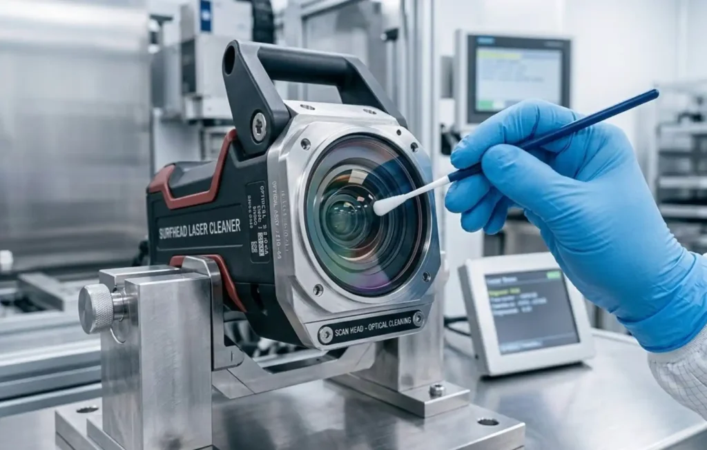 A close-up macro shot of the protective glass window of an industrial laser cleaning scan head, showing a technician carefully cleaning the high-tech lens with a specialized lint-free swab, clean and modern factory environment, high resolution.